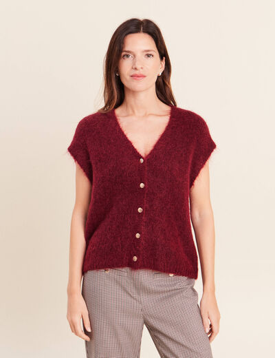 Gilet droit mi-long col v bordeaux femme