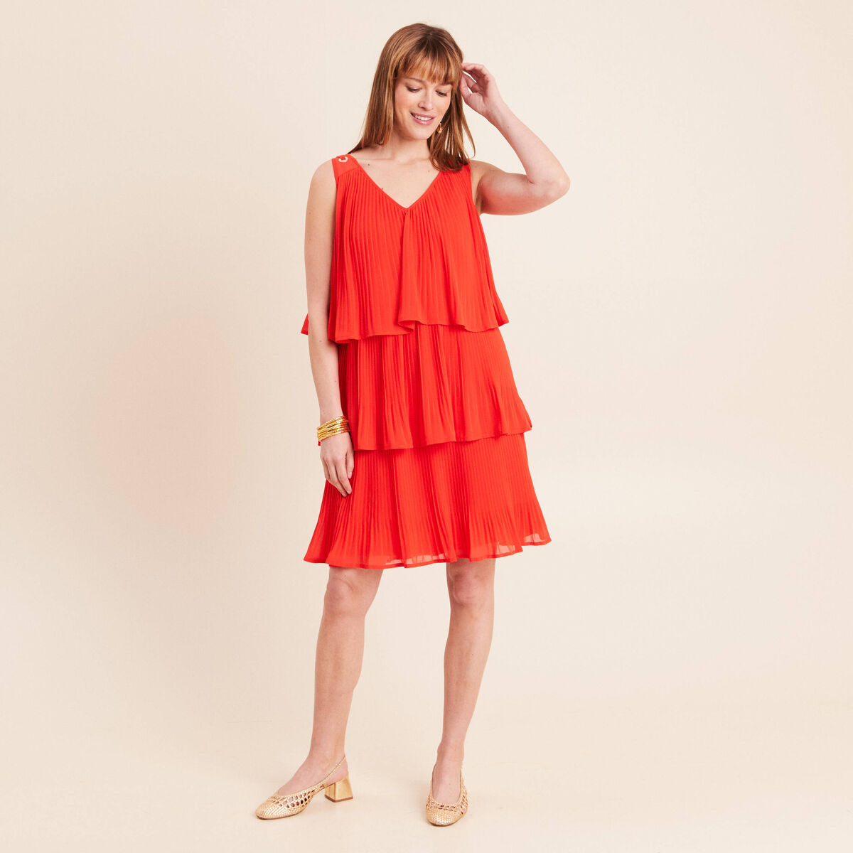 Robe pliss&eacute;e sans manches col v orange fonc&eacute; femme