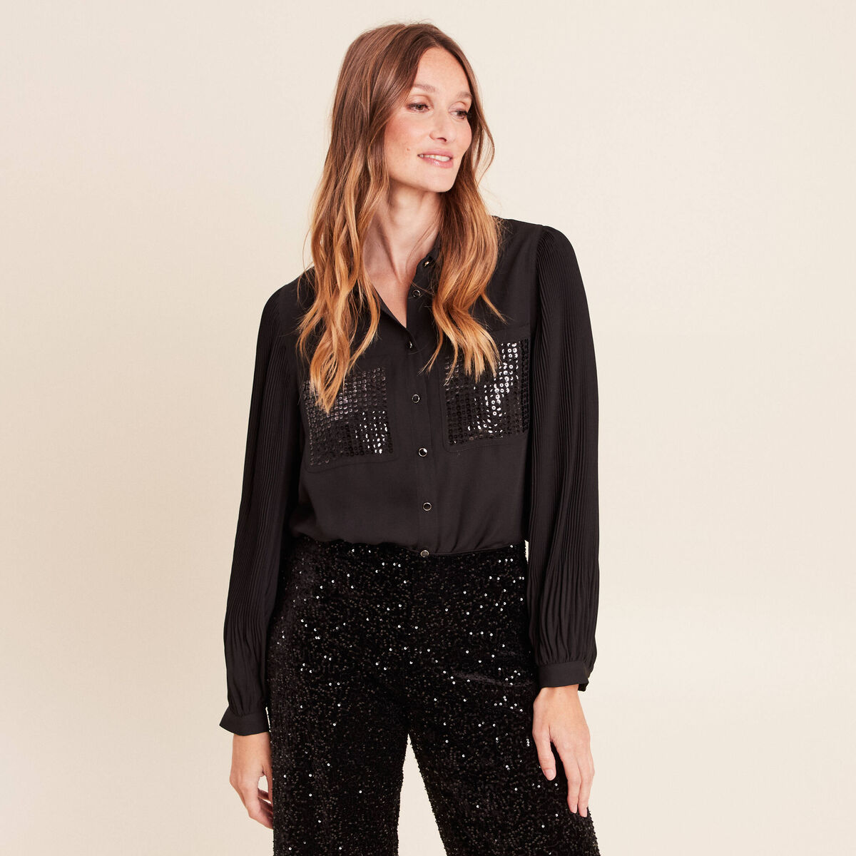 Chemise fluide &agrave; sequins manches longues noir femme