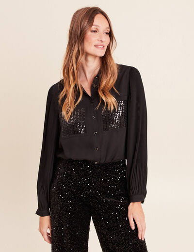 Chemise fluide &agrave; sequins manches longues noir femme