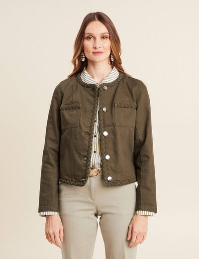 Veste en jean détails tressés vert olive femme
