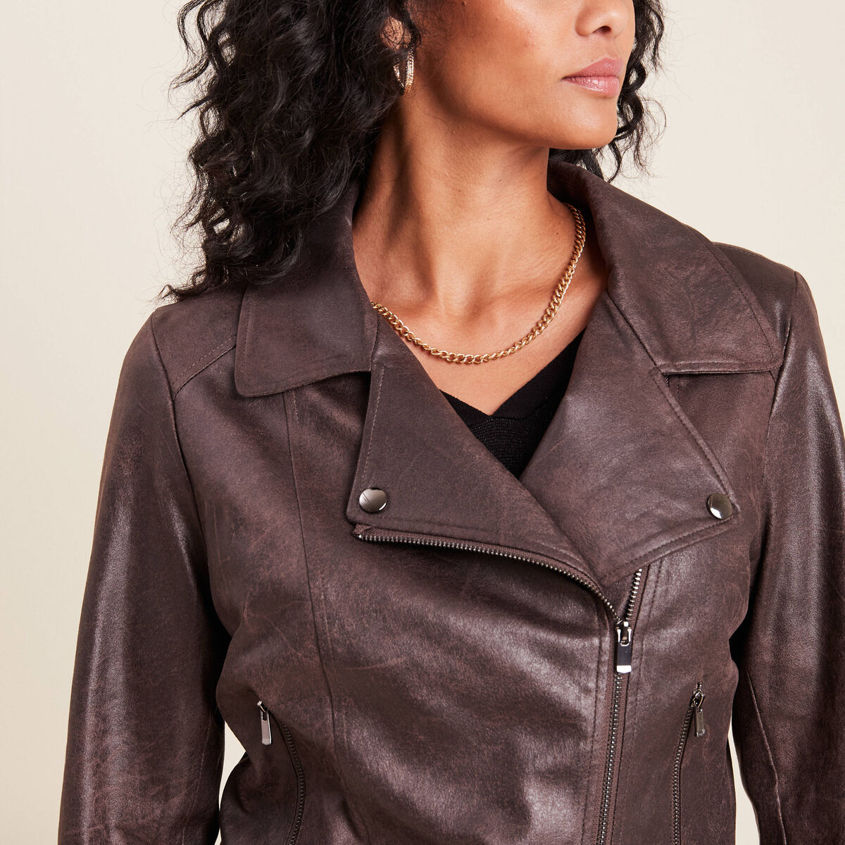 Veste esprit motard zipp&eacute;e marron fonc&eacute; femme
