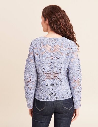 Pull manches longues aspect dentelle bleu ciel femme