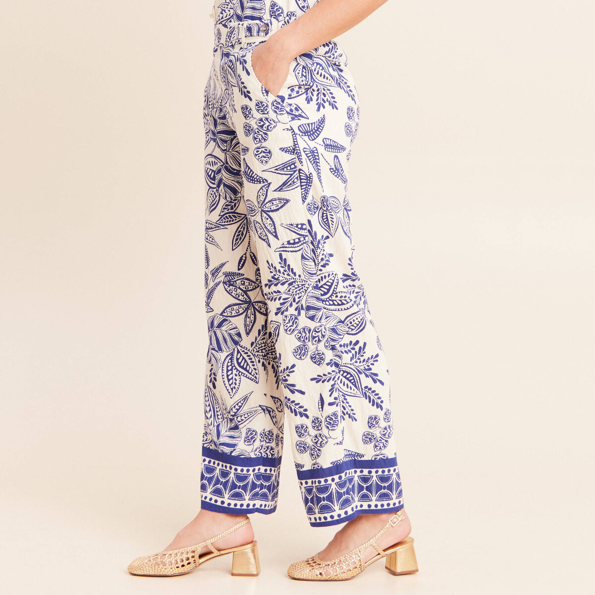 Pantalon large 7/8&egrave;me taille haute bleu femme