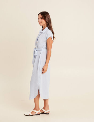 Robe longue droite col chemise bleu femme