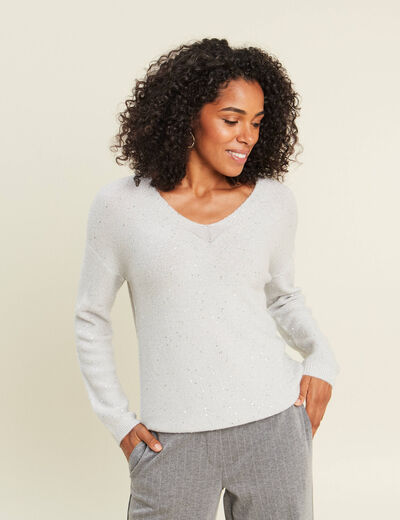 Pull col v manches longues &agrave; sequins gris clair femme