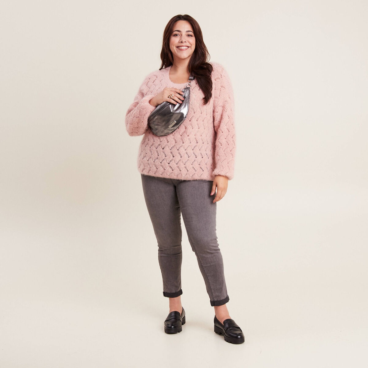 Pull manches longues ajouré vieux rose femme