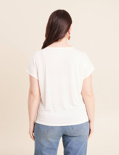 T-shirt col rond manches courtes brod&eacute; ecru femme