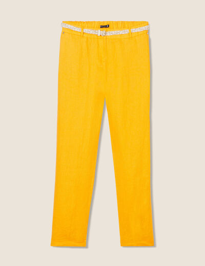 Pantalon flou ceinturé jaune or femme