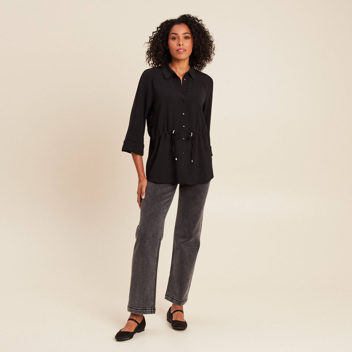 Tunique droite longue col chemise noir femme
