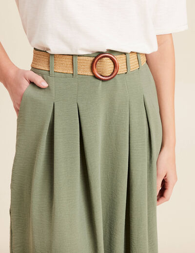Jupe longue évasée ceinturée vert kaki femme