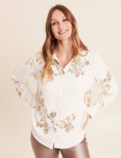 Chemise &agrave; sequins manches longues ecru femme