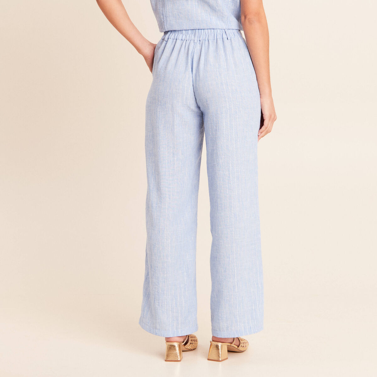 Pantalon large taille haute bleu femme