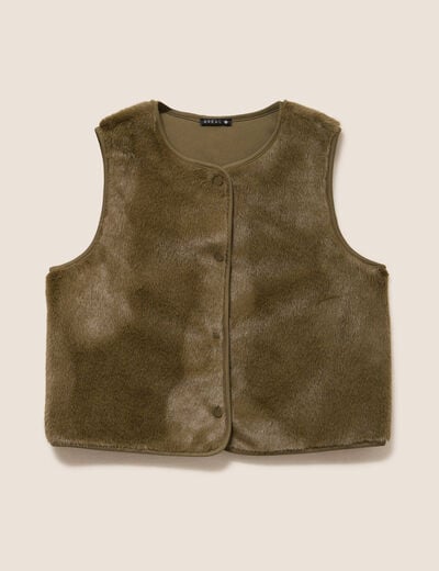 Gilet droit sans manches fausse fourrure vert kaki femme
