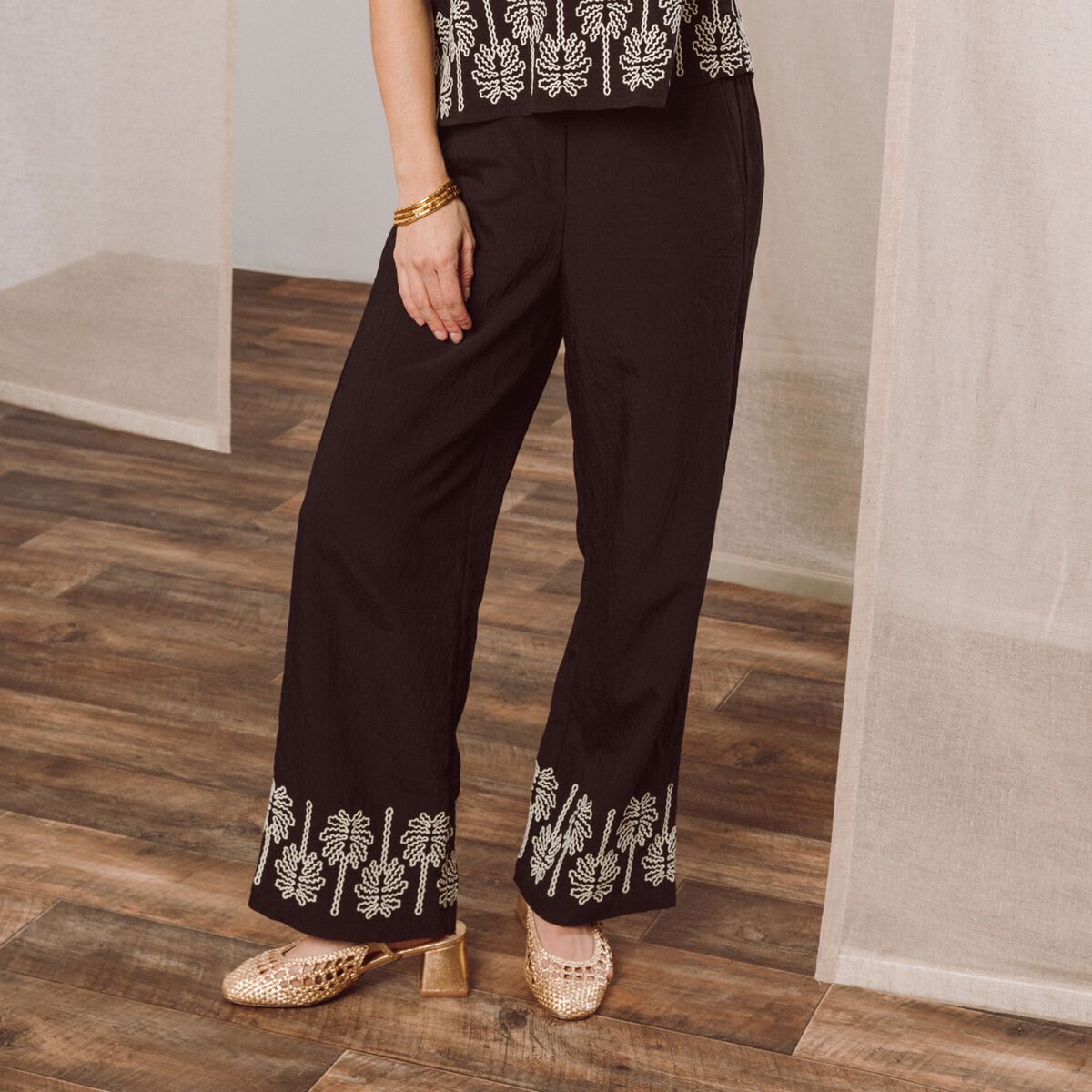 Pantalon large 7/8&egrave;me taille haute noir femme
