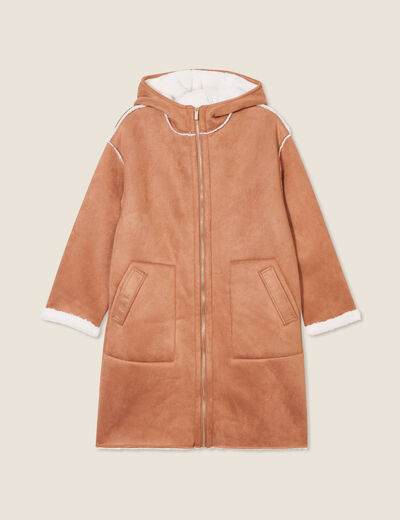 Manteau su&eacute;dine &agrave; capuche marron femme