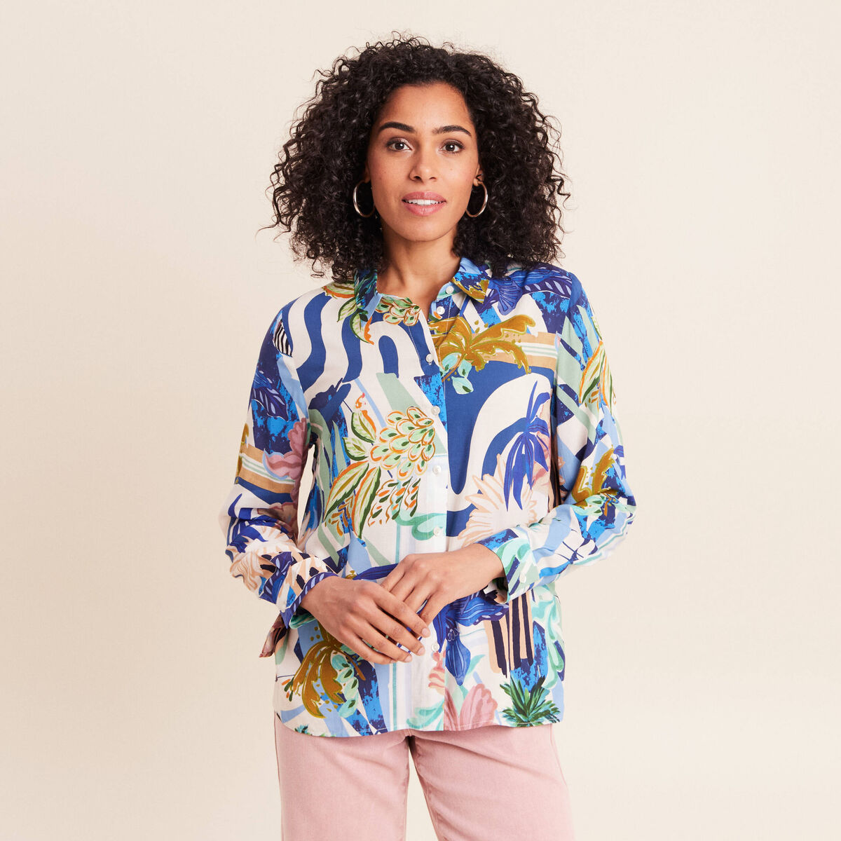 Chemise droite manches longues bleu femme