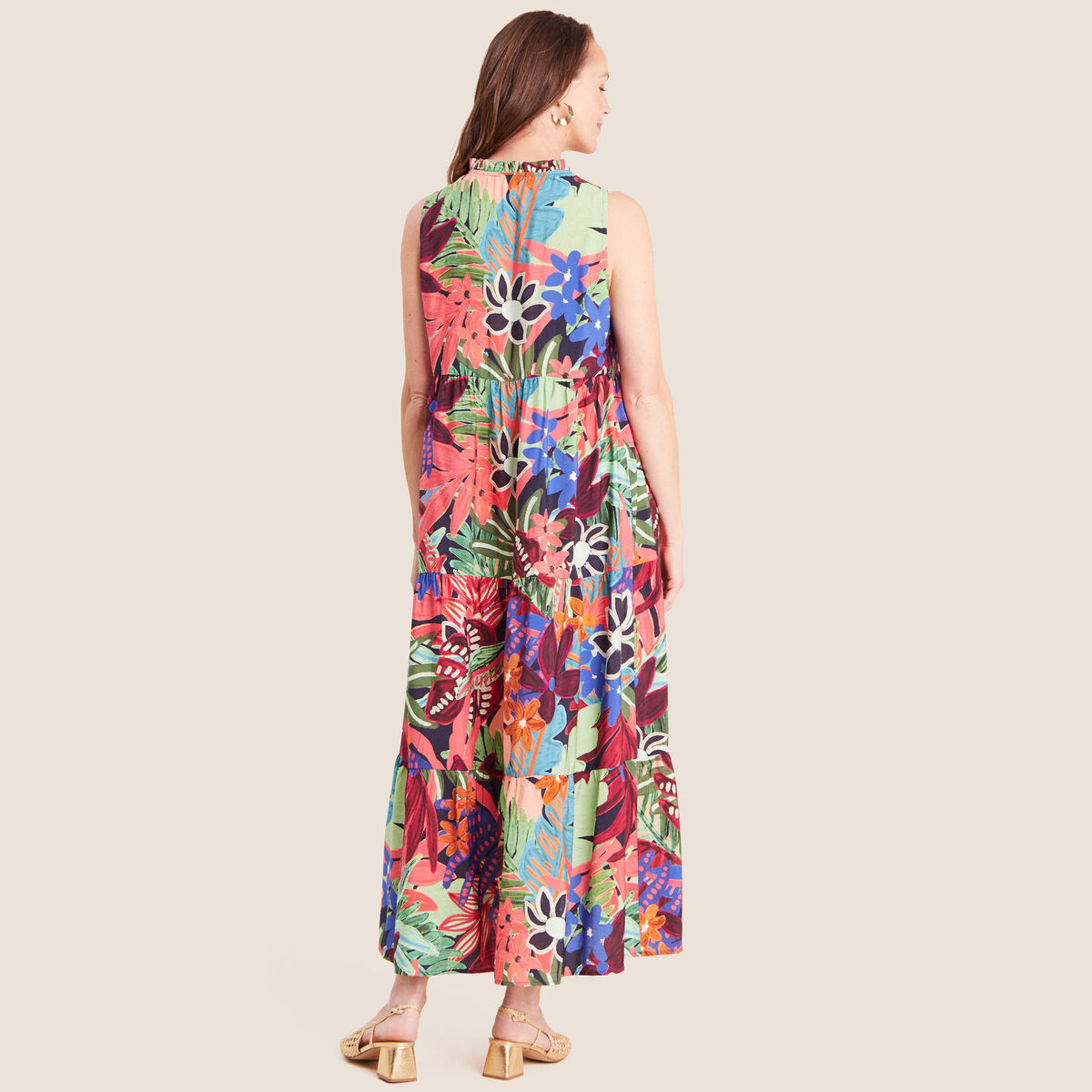 Robe longue &eacute;vas&eacute;e sans manches multicolore femme