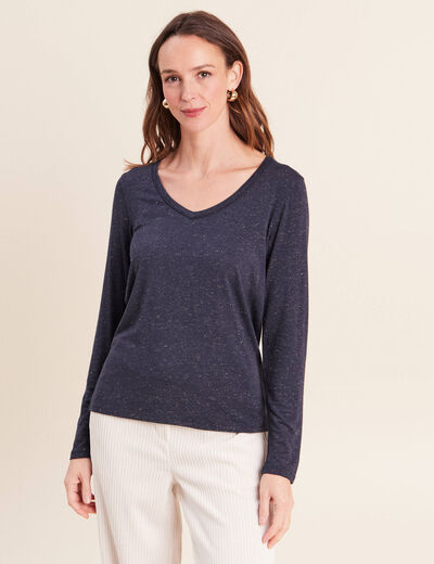 T-shirt ajust&eacute; col v manches longues bleu marine femme