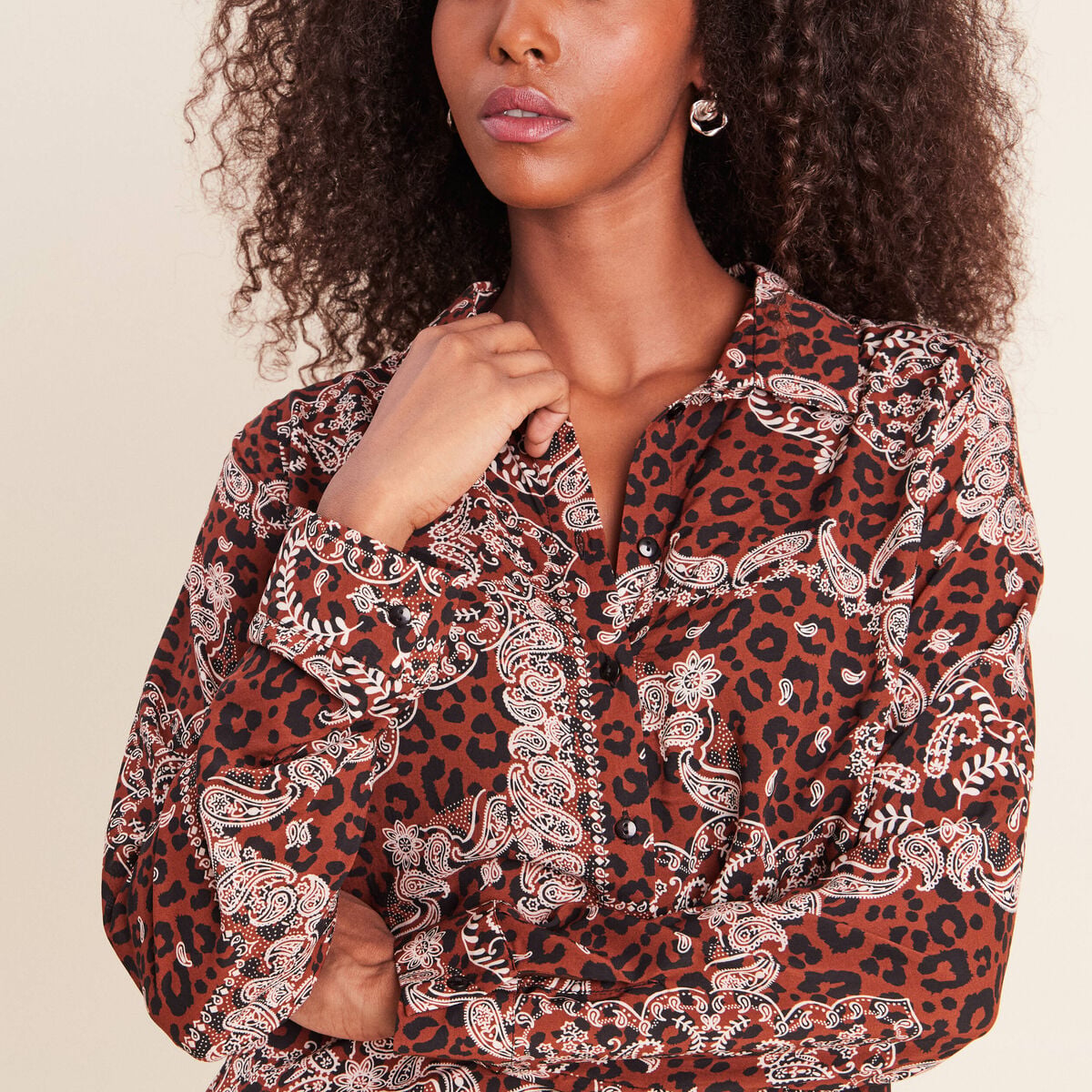 Chemise fluide manches longues marron femme