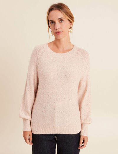 Pull col rond manches longues &agrave; sequins rose poudr&eacute;e femme