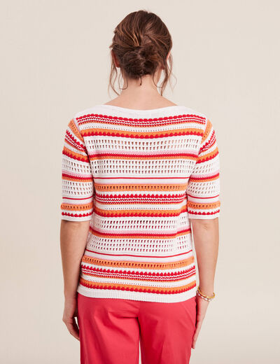 Pull manches 3/4 ajouré orange femme