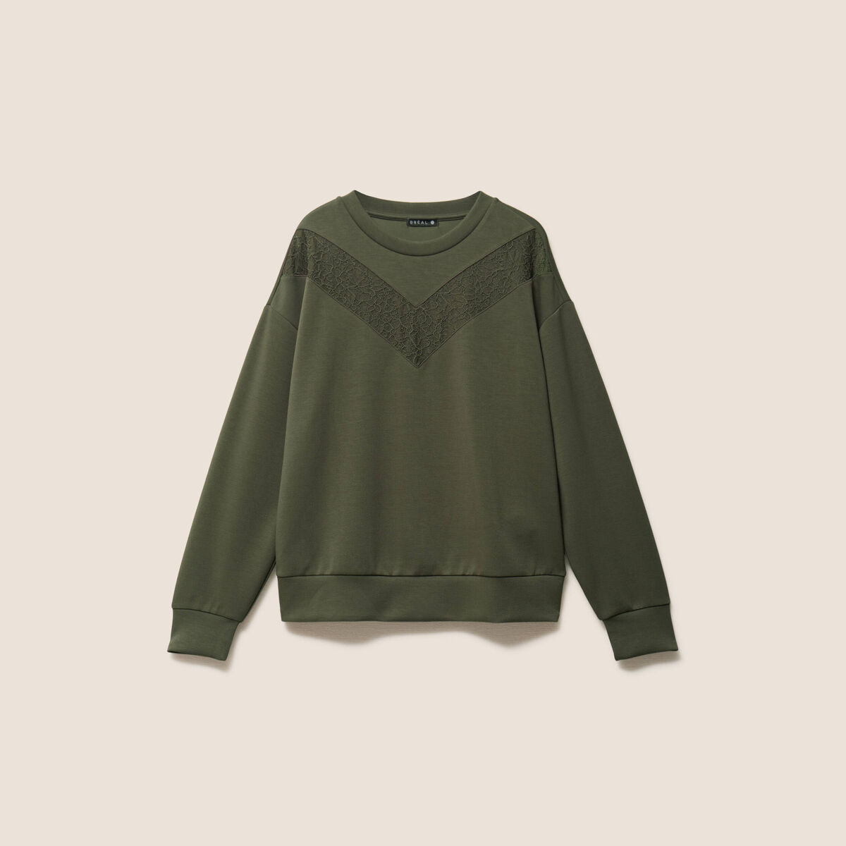 Sweat manches longues d&eacute;tail dentelle vert kaki femme
