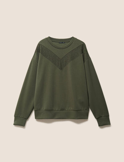 Sweat manches longues d&eacute;tail dentelle vert kaki femme