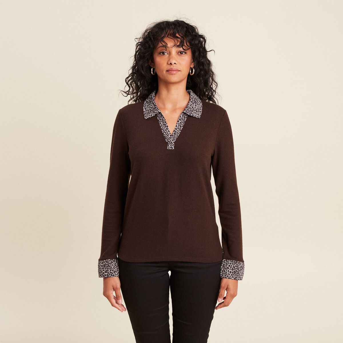 T-shirt manches longues marron foncé femme