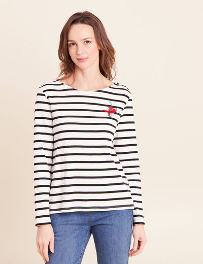 T-shirt marini&egrave;re avec broderie sequins noir femme