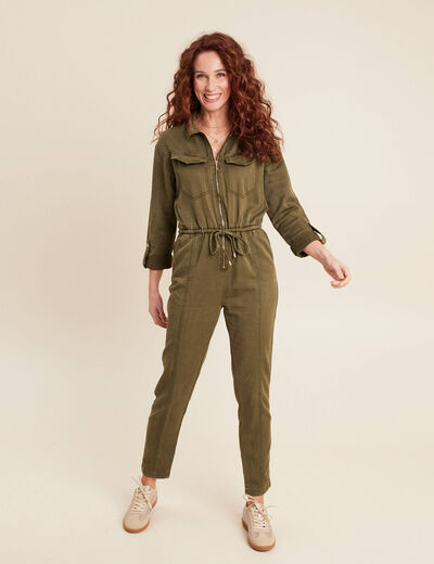 Combinaison pantalon zippée vert olive femme