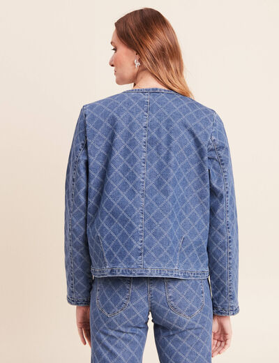 Veste courte droite en jean doubl&eacute;e denim stone femme