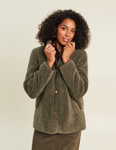 Manteau bouclette doubl&eacute; manches longues vert kaki femme