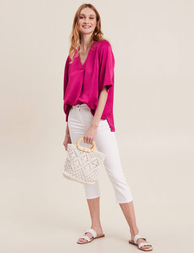 Blouse manches 3/4 satin rose fushia femme