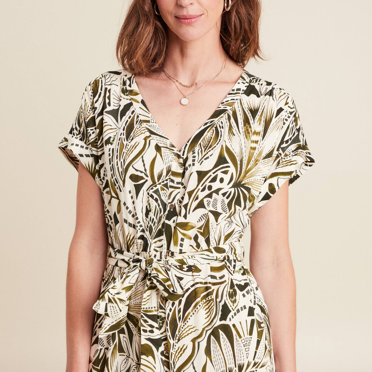 robe longue évasée col v manches courtes vert femme