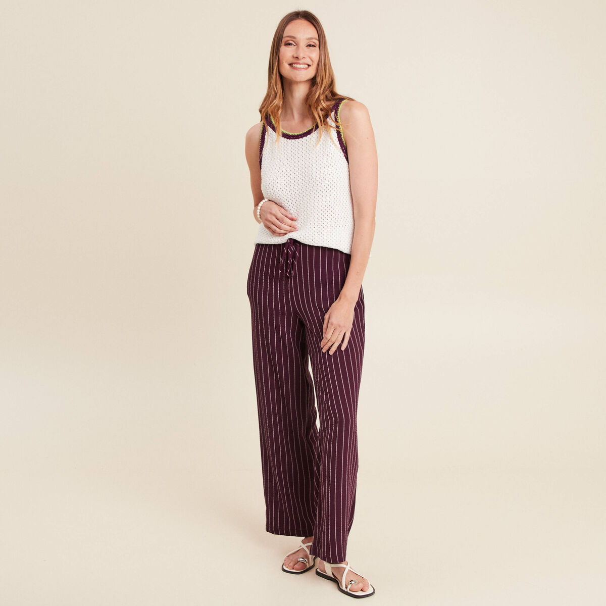 Pantalon large 7/8ème taille haute bordeaux femme