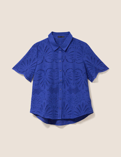 Chemise manches courtes brod&eacute;e bleu fonc&eacute; femme