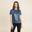 t-shirt droit court satiné col rond bleu canard femme