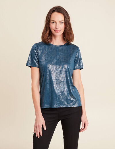 t-shirt droit court satiné col rond bleu canard femme