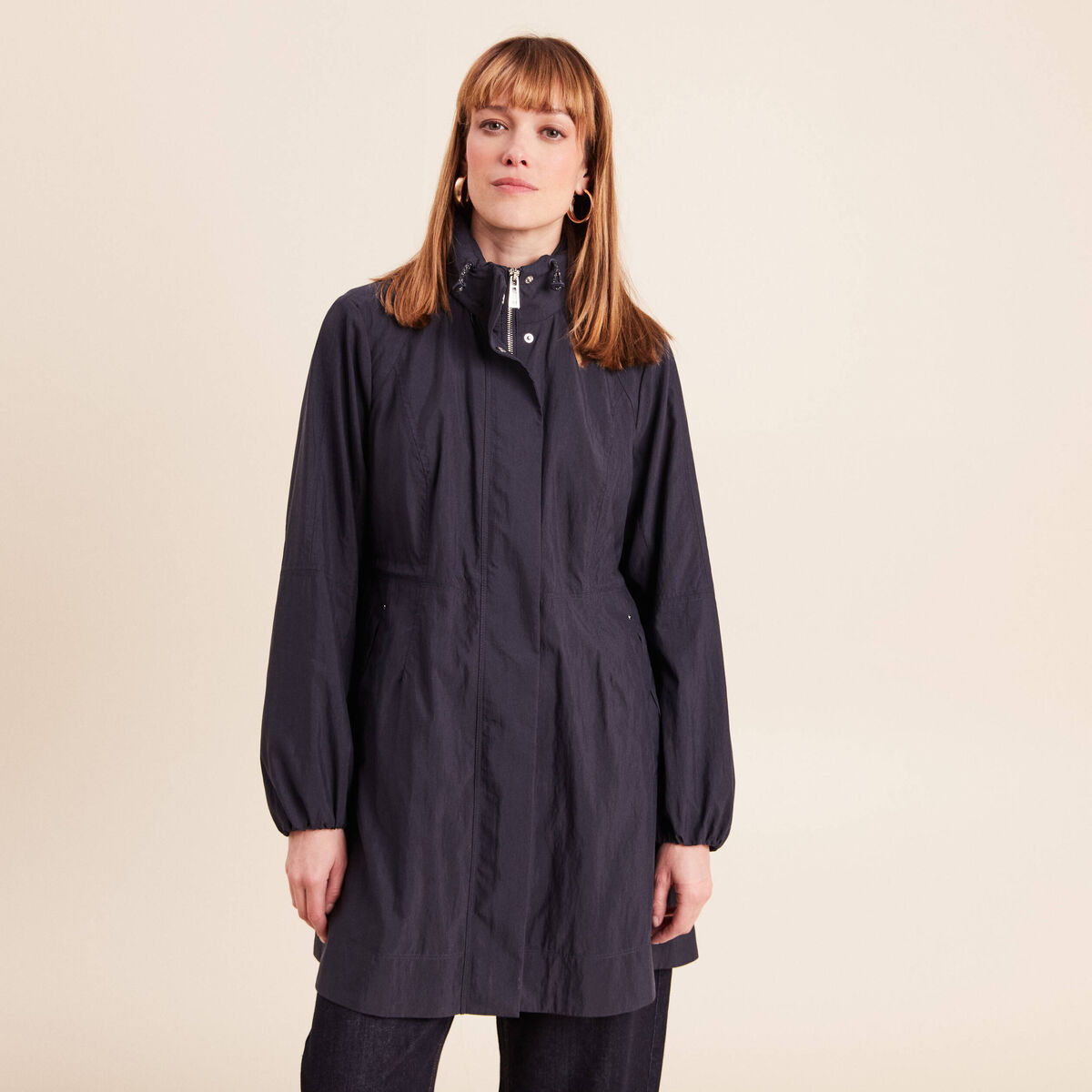 Parka cintr&eacute;e longue doubl&eacute;e bleu fonc&eacute; femme