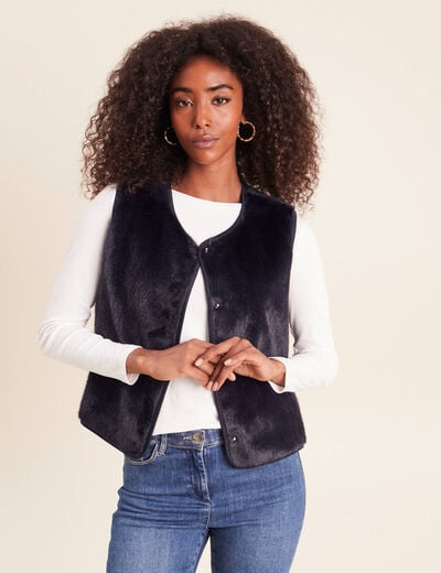 Gilet droit sans manches fausse fourrure bleu fonc&eacute; femme