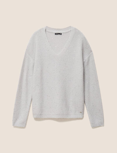 Pull col v manches longues &agrave; sequins gris clair femme