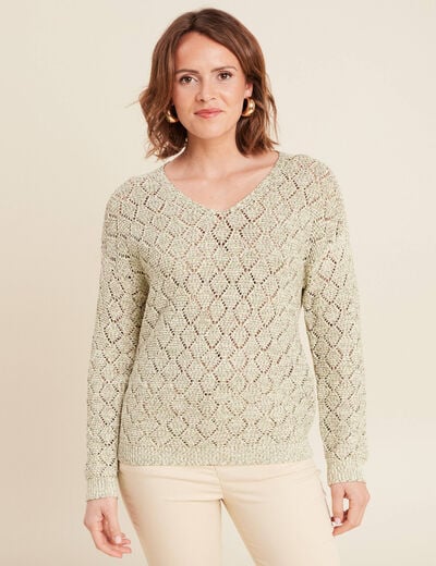 Pull manches longues ajouré vert femme