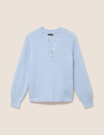 Pull col tunisien denim snow gris femme