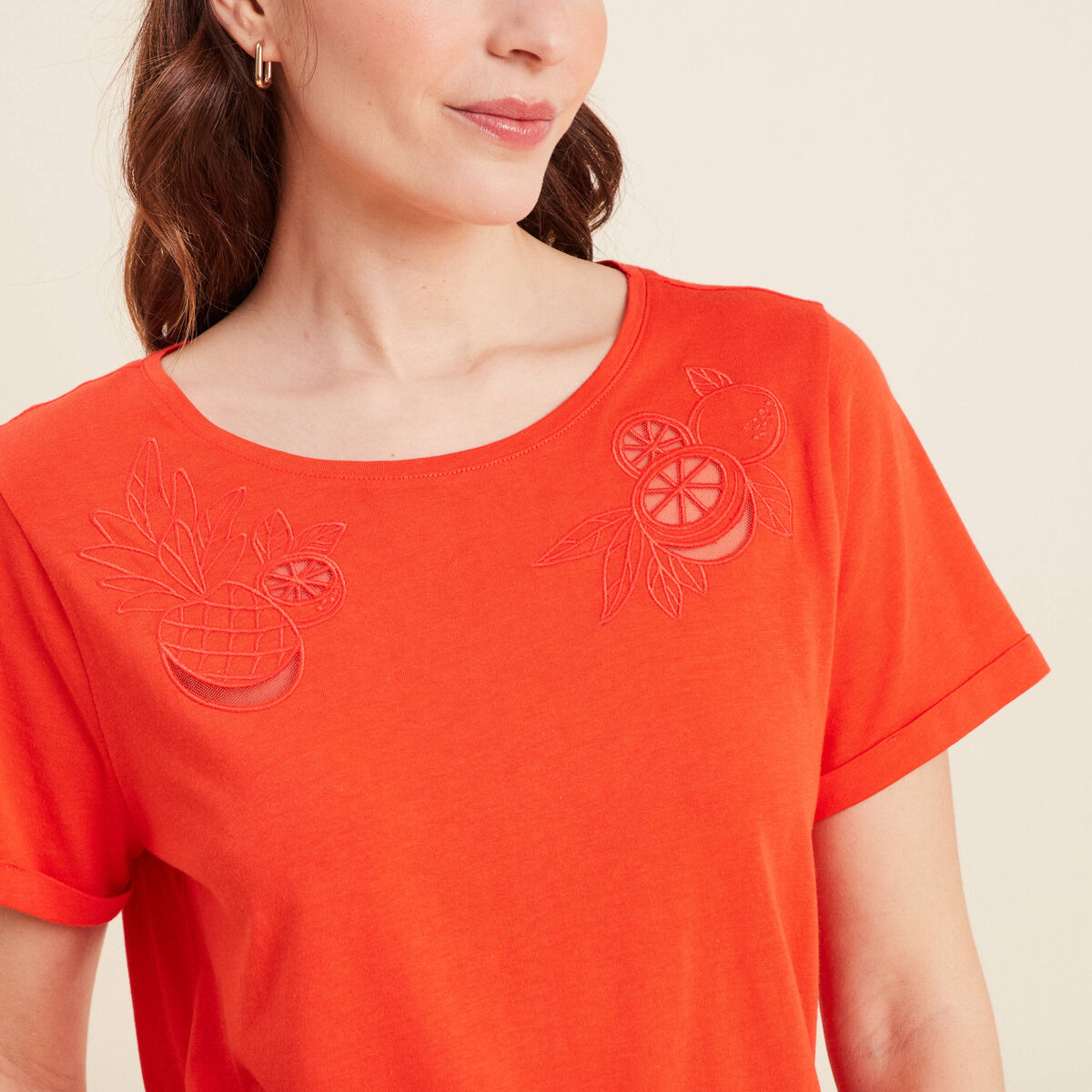 T-shirt manches courtes brod&eacute; orange fonc&eacute; femme