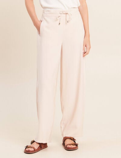 Pantalon large taille haute creme femme