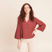 Blouse col v manches 3/4 fluide marron cognac femme