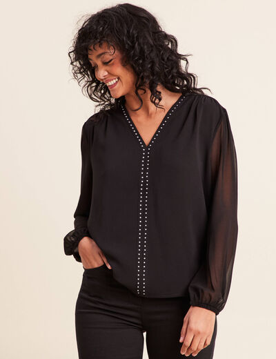 T-shirt col v manches longues noir femme
