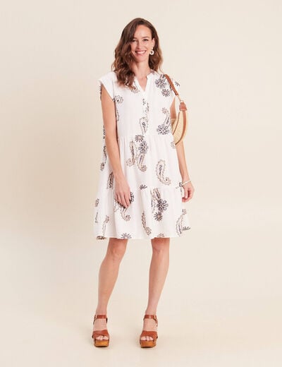 Robe courte &eacute;vas&eacute;e col tunisien brod&eacute;e bleu femme