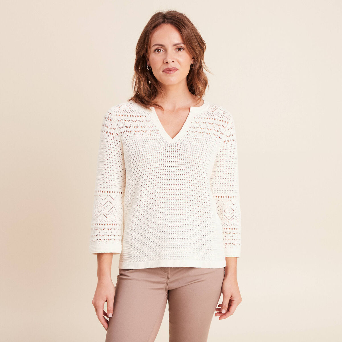 Pull col tunisien manches 3/4 ecru femme